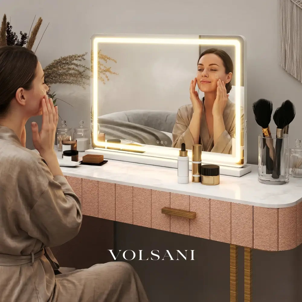 Large LED Vanity Mirror with Perimeter Lighting Tabletop Makeup & Dressing Room Mirror 3 Light Modes 3 Sizes 13-32in