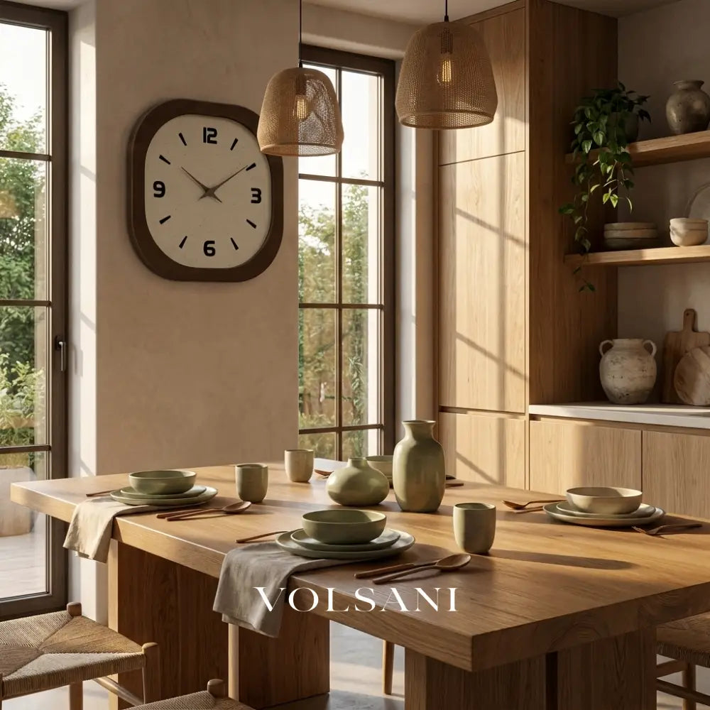 French Vintage Wooden Style Wall Clock above a dining table in a kitchen