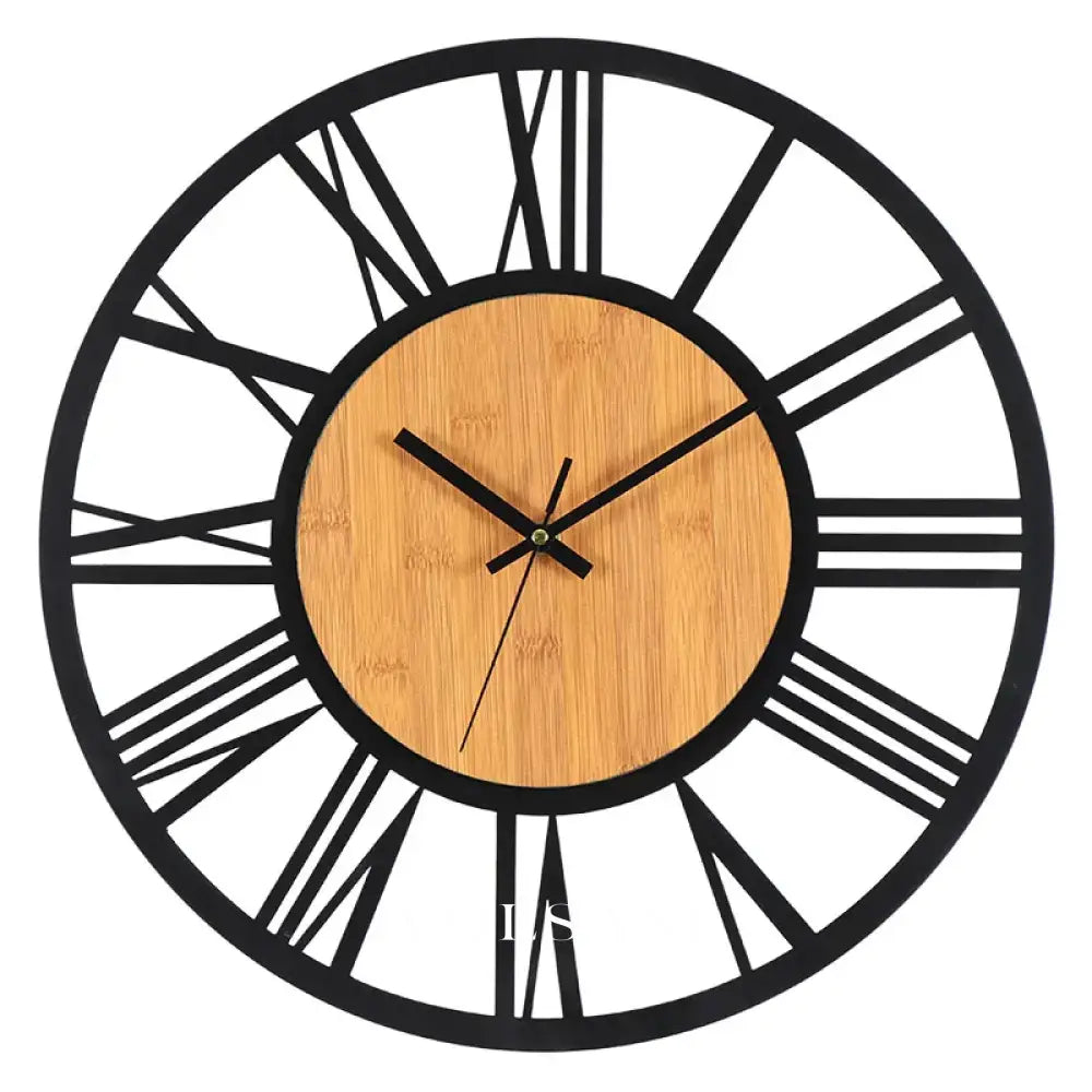 Large Wall Clock with Cut Out Roman Numerals Metal Living Room & Hallway Clock Wood Center Panel Silent Quartz 15.7in