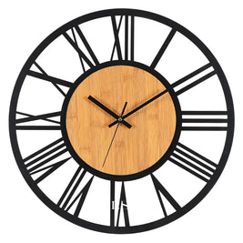 Large Wall Clock with Cut Out Roman Numerals Metal Living Room & Hallway Clock Wood Center Panel Silent Quartz 15.7in