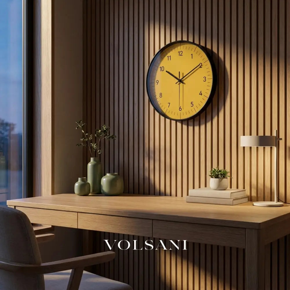 Large Yellow Wall Clock above a desk in a home office