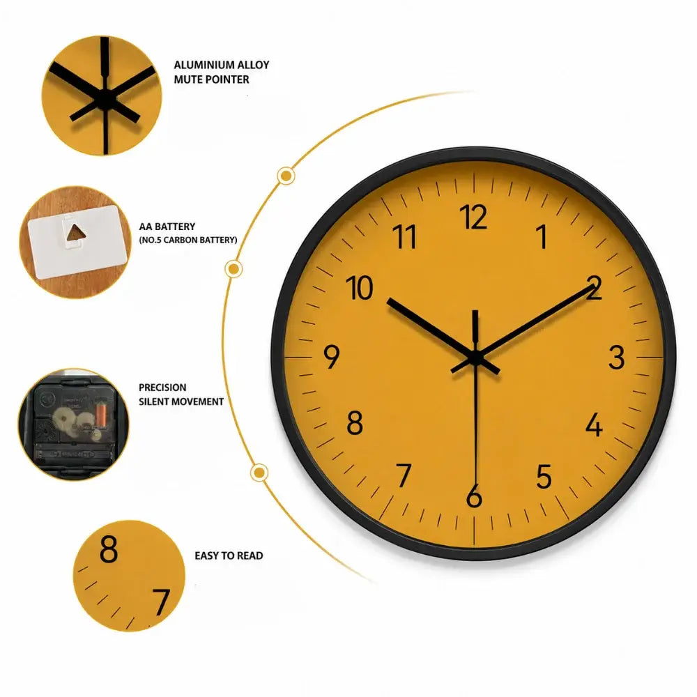 Large Yellow Wall Clock Nordic Living Room & Home Office Clock Non Ticking Silent Sweep 3 Sizes 10-14in - Decor >