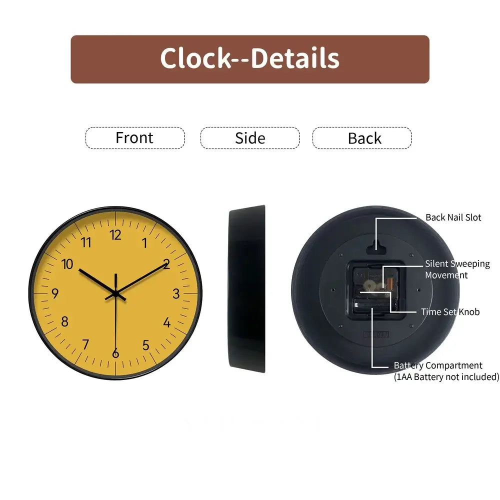 Large Yellow Wall Clock Nordic Living Room & Home Office Clock Non Ticking Silent Sweep 3 Sizes 10-14in - Decor >