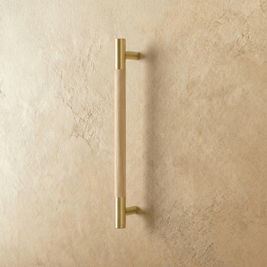 Wood & Brass Cabinet Knobs & Drawer Pulls, Modern Kitchen & Wardrobe Hardware, Walnut Pear & Oak Tones, Set of 2 Pieces, 2-12.7in