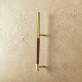 Wood & Brass Cabinet Knobs & Drawer Pulls, Modern Kitchen & Wardrobe Hardware, Walnut Pear & Oak Tones, Set of 2 Pieces, 2-12.7in