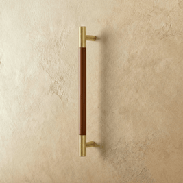 Wood & Brass Cabinet Knobs & Drawer Pulls, Modern Kitchen & Wardrobe Hardware, Walnut Pear & Oak Tones, Set of 2 Pieces, 2-12.7in