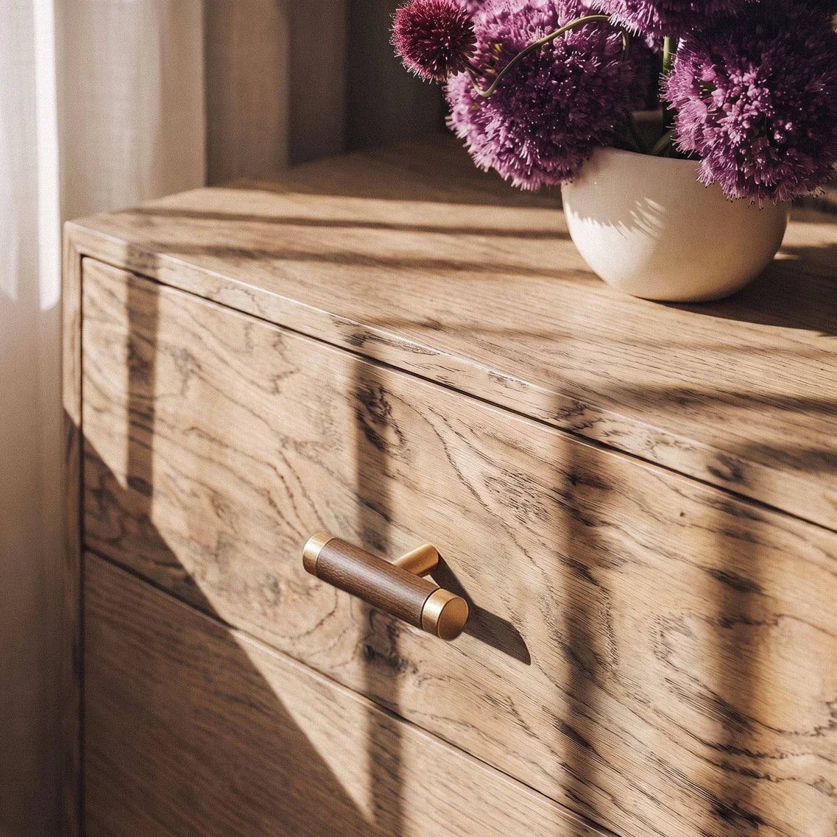 Wood & Brass Cabinet Knobs & Drawer Pulls, Modern Kitchen & Wardrobe Hardware, Walnut Pear & Oak Tones, Set of 2 Pieces, 2-12.7in