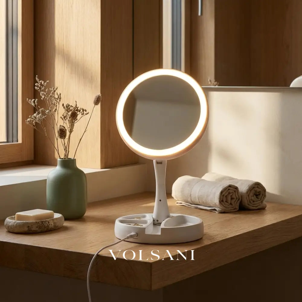 ELVA double sided LED makeup mirror on a bathroom counter