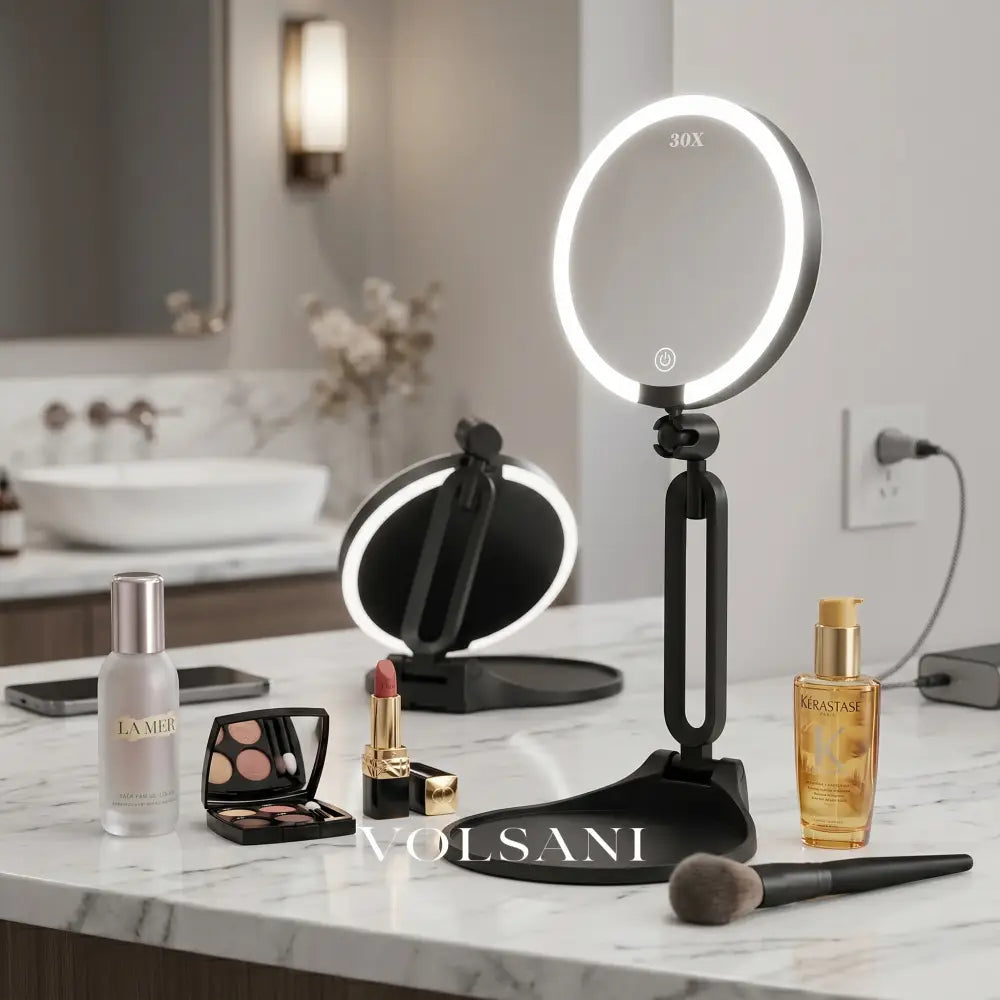 LED Vanity Mirror with 30X Magnification Double Sided Makeup & Travel Mirror Rechargeable Dimmable Foldable 6in - Decor
