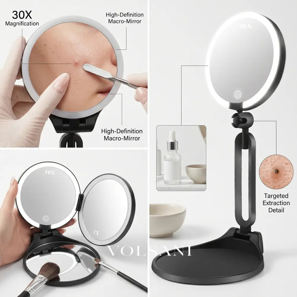 LED Vanity Mirror with 30X Magnification Double Sided Makeup & Travel Mirror Rechargeable Dimmable Foldable 6in - Decor