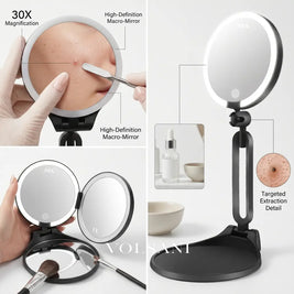 LED Vanity Mirror with 30X Magnification Double Sided Makeup & Travel Mirror Rechargeable Dimmable Foldable 6in - Decor
