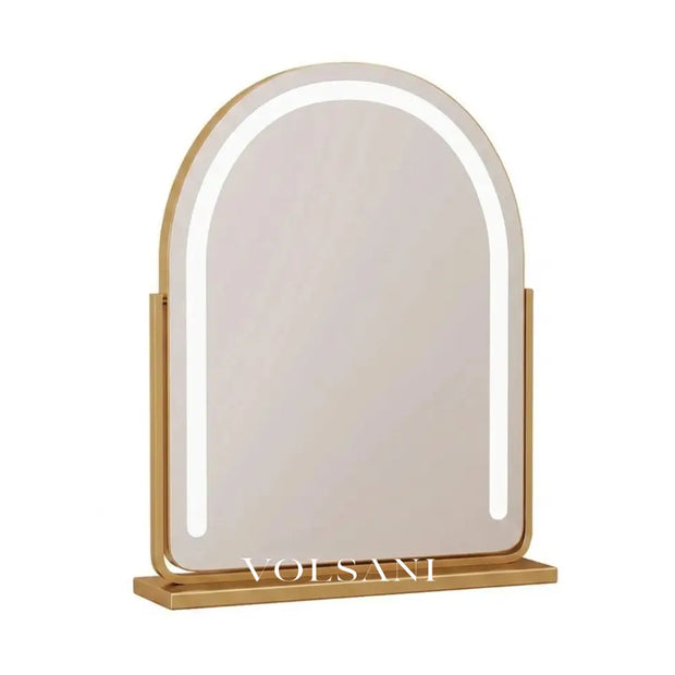 REYA LED vanity mirror with metal frame in gold on white background