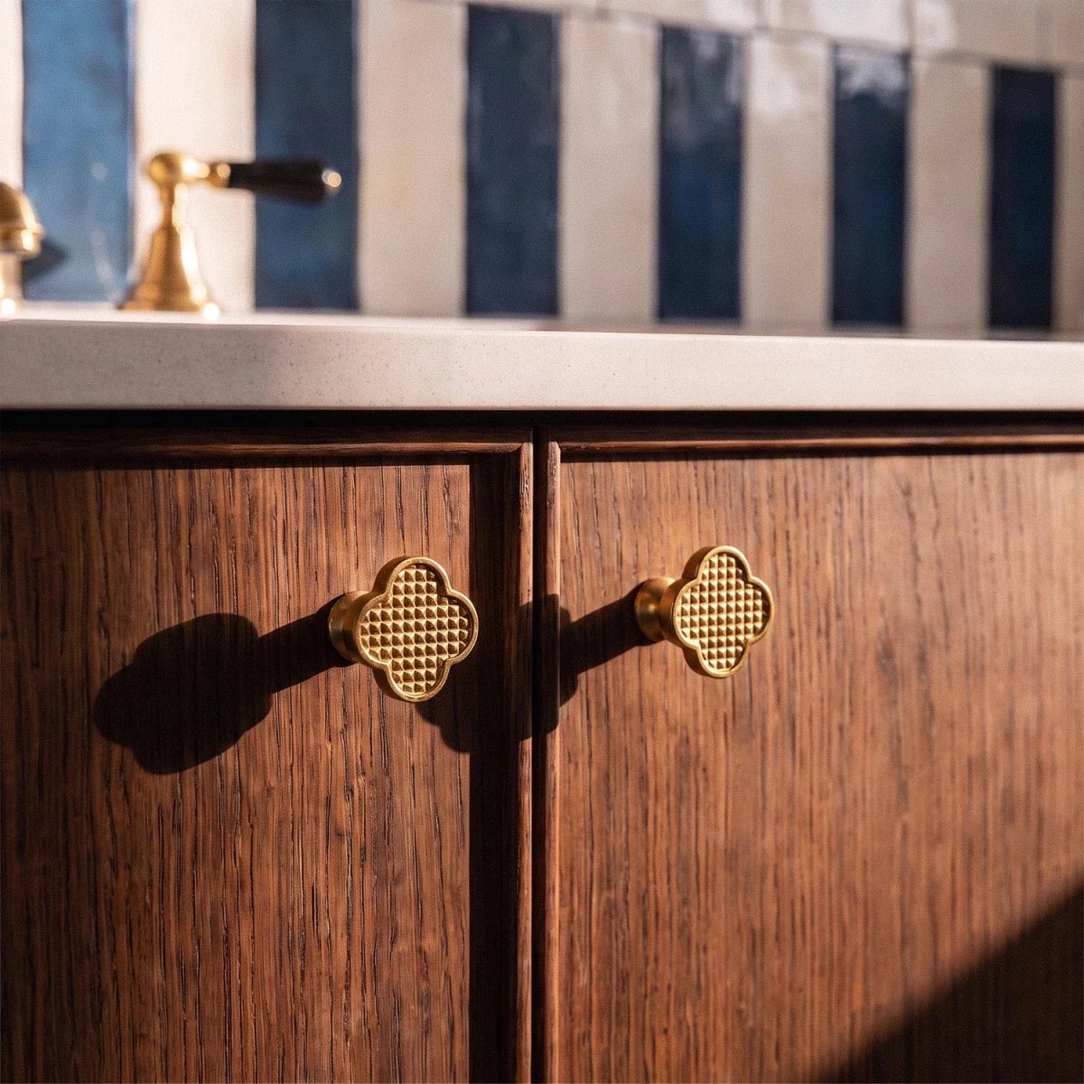 Leather & Brass Clover Cabinet Knobs, Decorative Kitchen & Dresser Hardware, Four-Leaf Shape, Set of 2 in 12 Colors, 1.2 x 1in