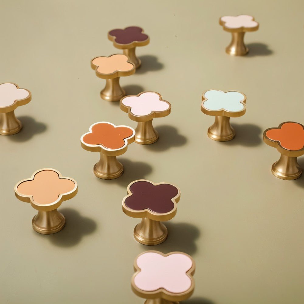 Leather & Brass Clover Cabinet Knobs, Decorative Kitchen & Dresser Hardware, Four-Leaf Shape, Set of 2 in 12 Colors, 1.2 x 1in