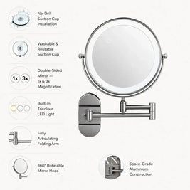 LIEKE: Make-upspiegel met Zuignap – Dubbelzijdig 3x Vergrotend & LED (Zonder Boren) - Volsani
