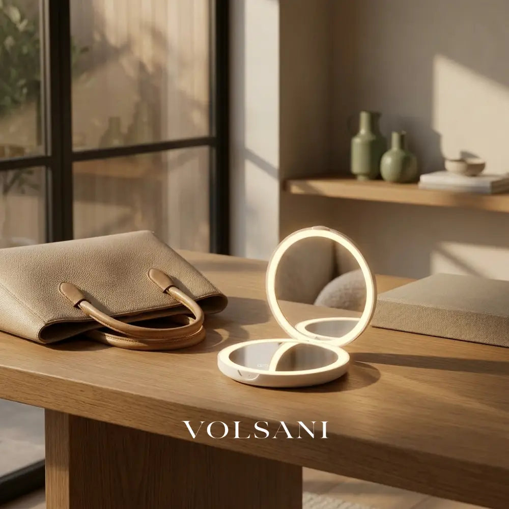 SOLEIL lighted compact mirror open on a desk beside a handbag