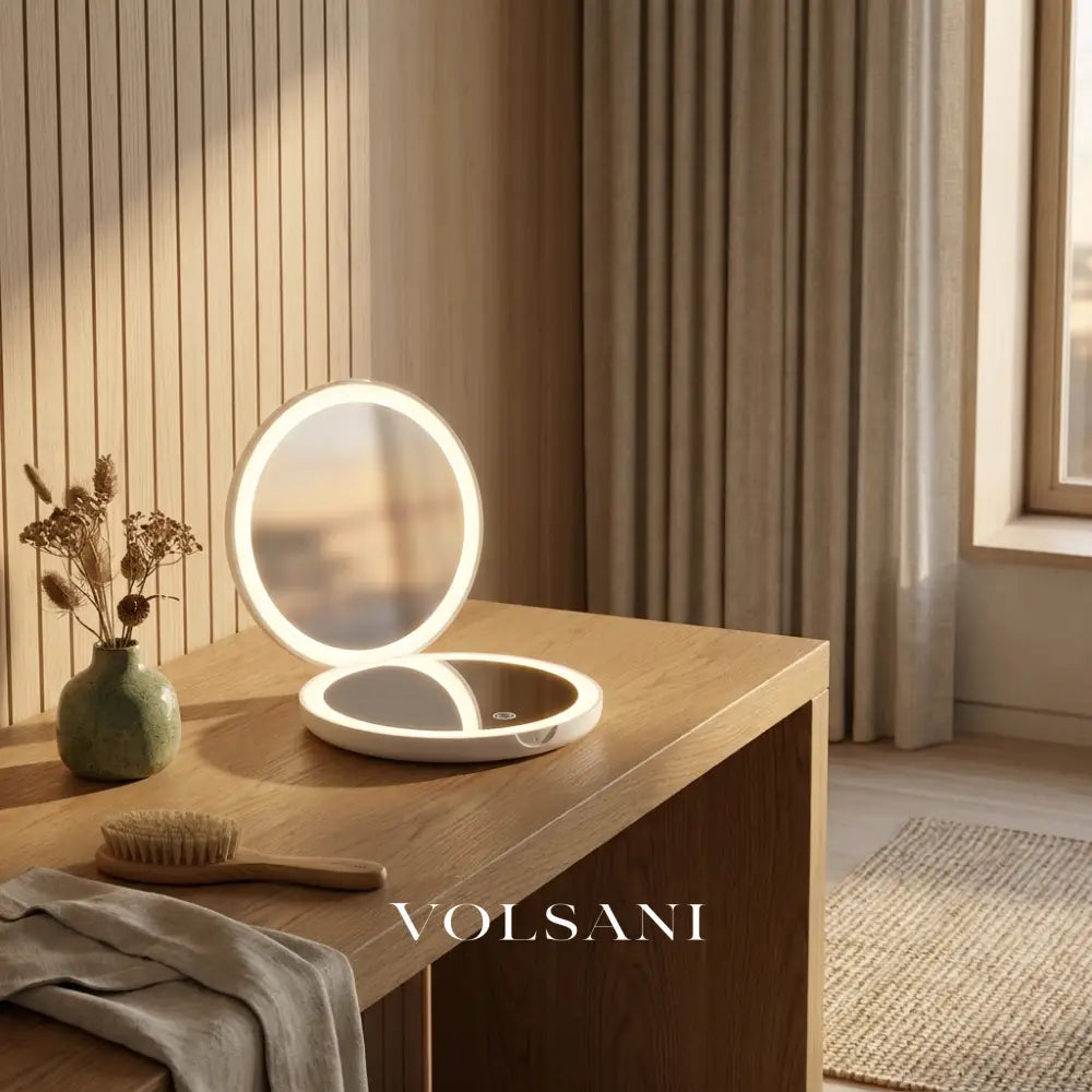 SOLEIL lighted compact mirror open on a dressing table