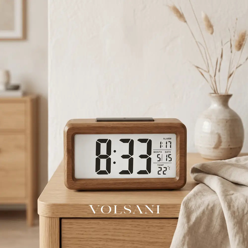 MAARTJE: Digitale Wekker met Houtlook – Thermometer & Kalender - Volsani