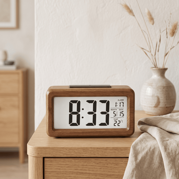 MAARTJE: Digitale Wekker met Houtlook – Thermometer & Kalender - Volsani