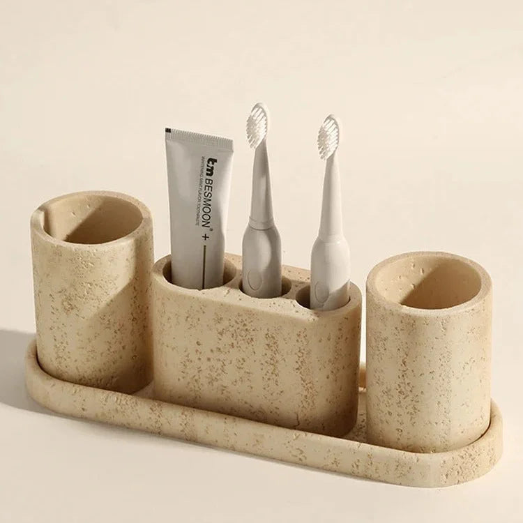 Bathroom Vanity Tray Set, Sandstone Organizer with Cup & Soap Dispenser