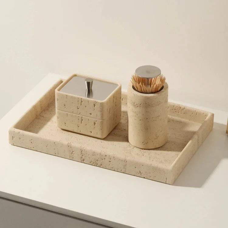 Bathroom Vanity Tray Set, Sandstone Organizer with Cup & Soap Dispenser