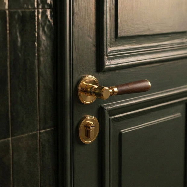 Door Handle with Lock, Brass Bedroom & Office Lever Set, Magnetic, 6in