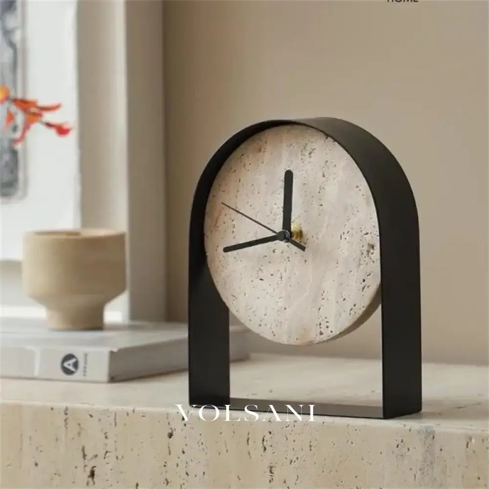 Marble Desk Clock with Metal Frame Modern Study & Bookshelf Table Clock Natural Stone Base 2 Finishes 7.9in - Black