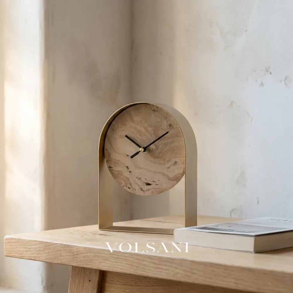MARA marble desk clock on an oak surface