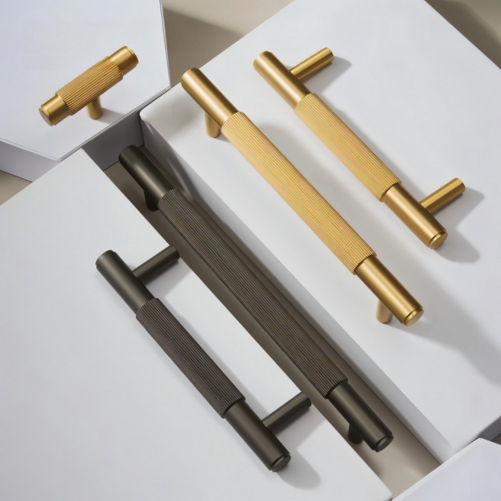 Knurled Brass Cabinet Knobs & Drawer Pulls, Modern Kitchen & Bathroom Hardware, Polished Finish, Set of 2 in 4 Colors, 2.1-8.8in