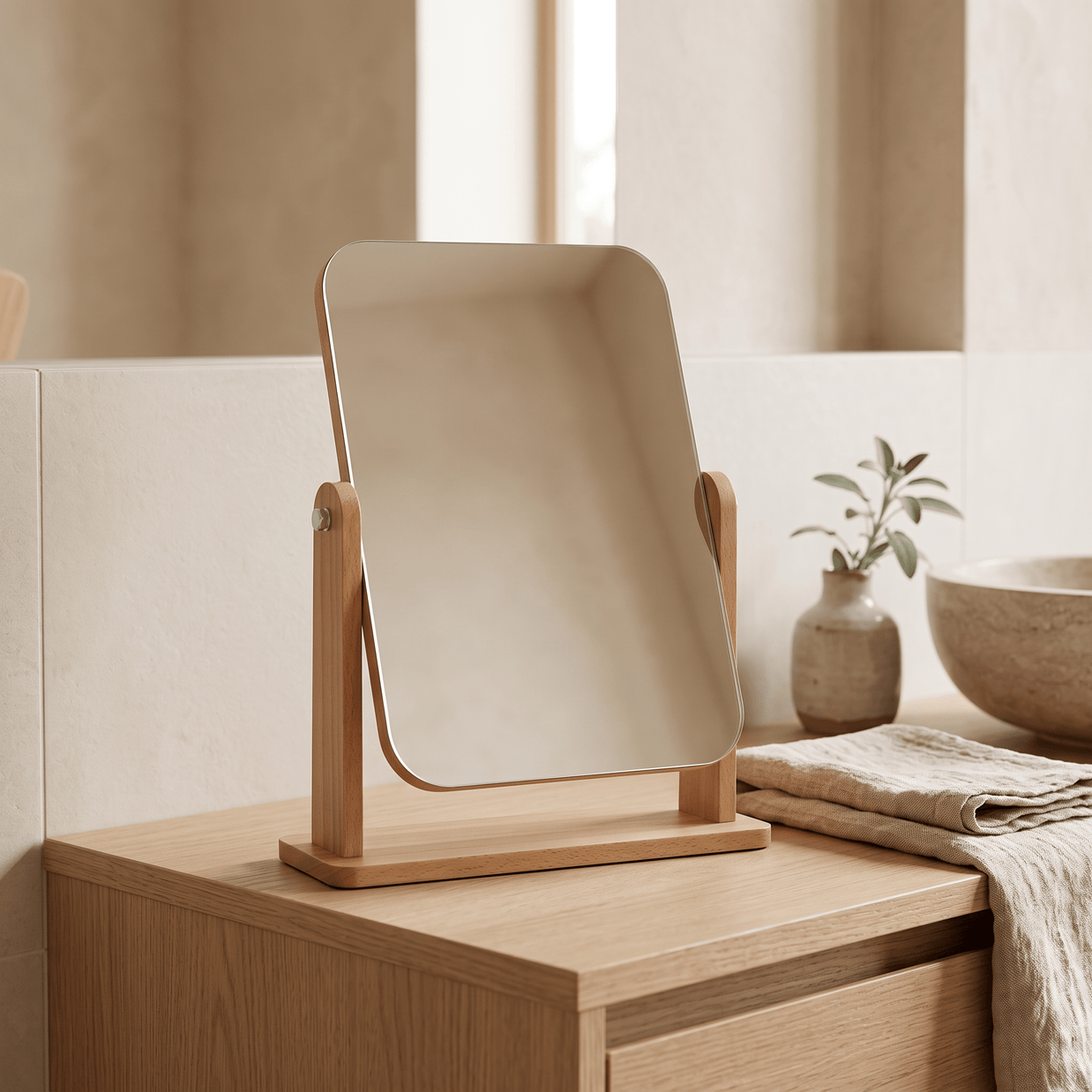 MEREL: Houten Make-upspiegel – 360° Draaibaar Tafelmodel - Volsani