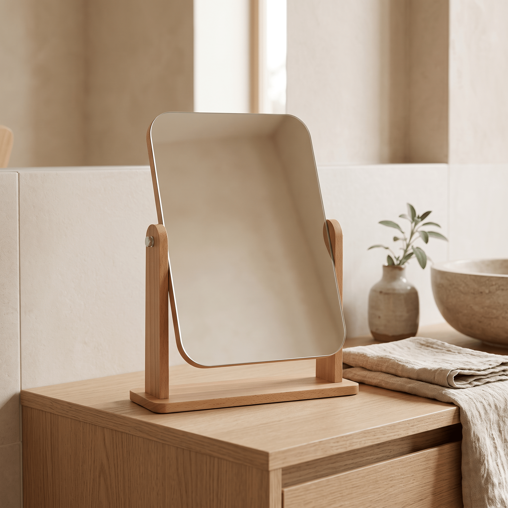 MEREL: Houten Make-upspiegel – 360° Draaibaar Tafelmodel - Volsani