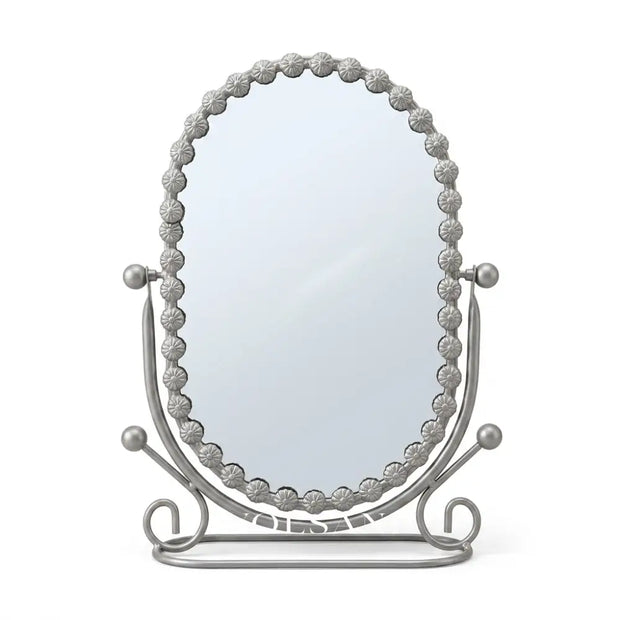 VIOLA scalloped oval vanity mirror in silver on white background