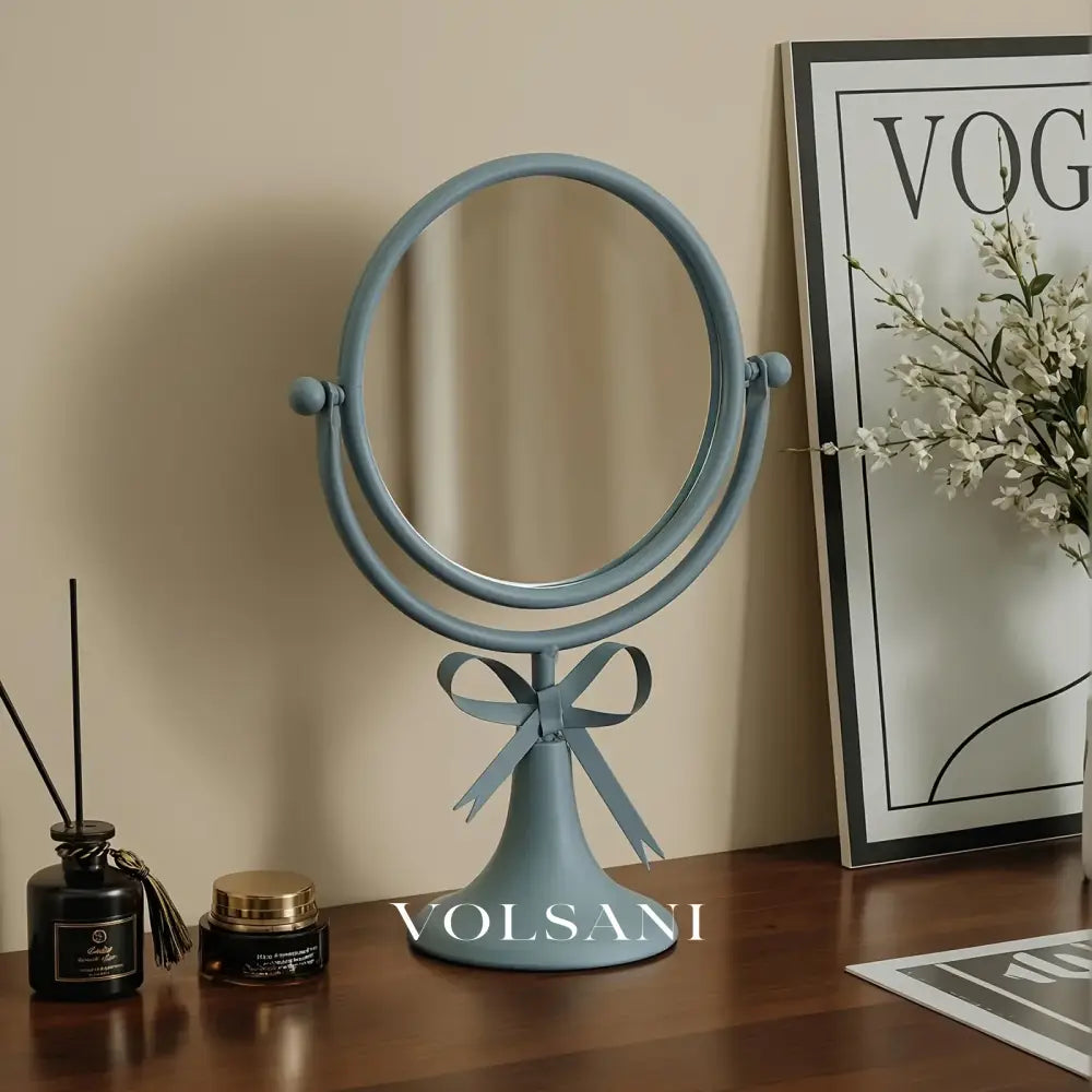 Metal Frame Vanity Mirror with Bow Detail 360 Rotating Makeup & Bedroom Mirror Round Pedestal Stand 6 Colors 13.8in