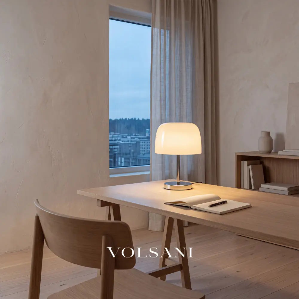 Cream Bauhaus glass and chrome lamp lit on a desk in a Japandi home study at dusk