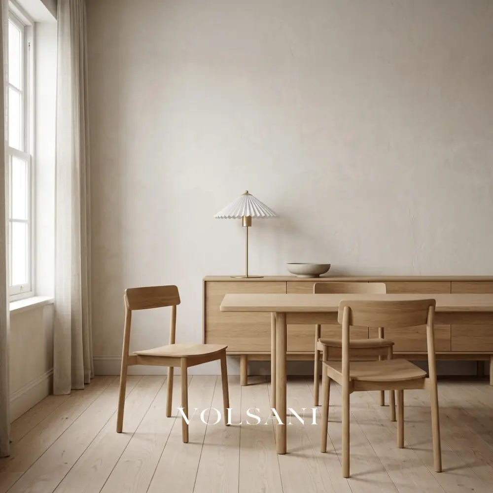 Brushed gold pleated-shade lamp switched off on an oak sideboard in a Japandi dining room