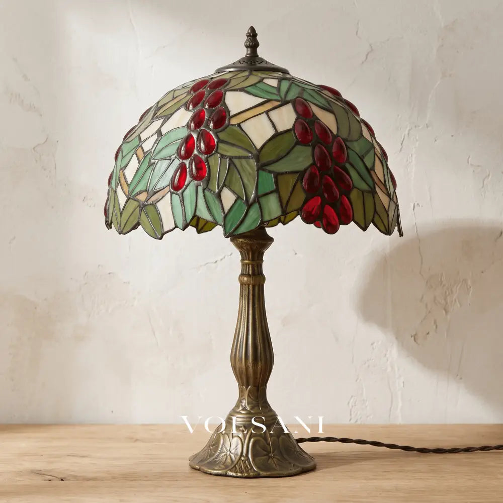 MIEKE: Vintage Tafellamp – Glas-in-lood Kap met Aluminium Voet - Volsani