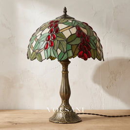 MIEKE: Vintage Tafellamp – Glas-in-lood Kap met Aluminium Voet - Volsani