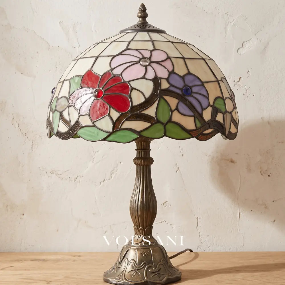 MIEKE: Vintage Tafellamp – Glas-in-lood Kap met Aluminium Voet - Volsani