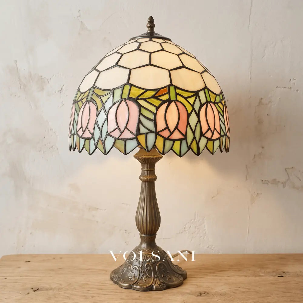 MIEKE: Vintage Tafellamp – Glas-in-lood Kap met Aluminium Voet - Volsani