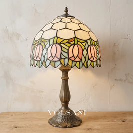MIEKE: Vintage Tafellamp – Glas-in-lood Kap met Aluminium Voet - Volsani