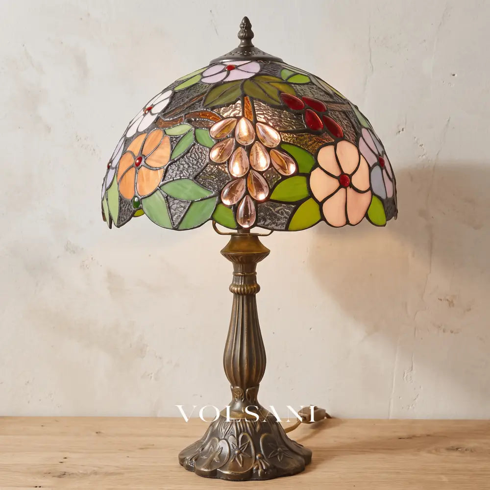 MIEKE: Vintage Tafellamp – Glas-in-lood Kap met Aluminium Voet - Volsani