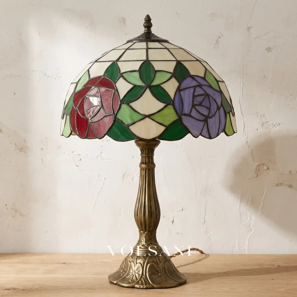 MIEKE: Vintage Tafellamp – Glas-in-lood Kap met Aluminium Voet - Volsani