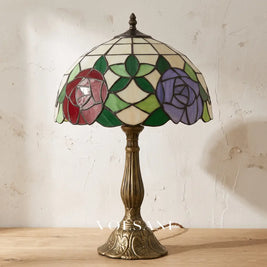 MIEKE: Vintage Tafellamp – Glas-in-lood Kap met Aluminium Voet - Volsani
