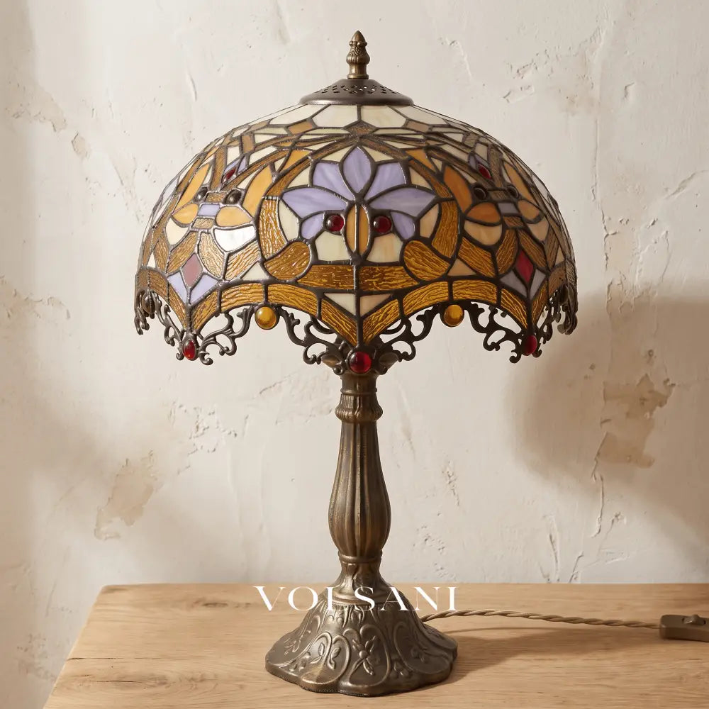 MIEKE: Vintage Tafellamp – Glas-in-lood Kap met Aluminium Voet - Volsani