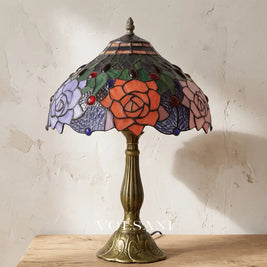 MIEKE: Vintage Tafellamp – Glas-in-lood Kap met Aluminium Voet - Volsani