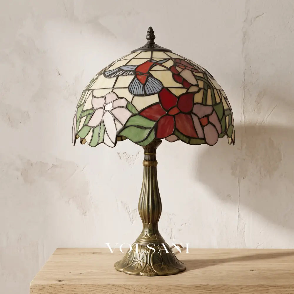 MIEKE: Vintage Tafellamp – Glas-in-lood Kap met Aluminium Voet - Volsani