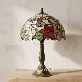 MIEKE: Vintage Tafellamp – Glas-in-lood Kap met Aluminium Voet - Volsani