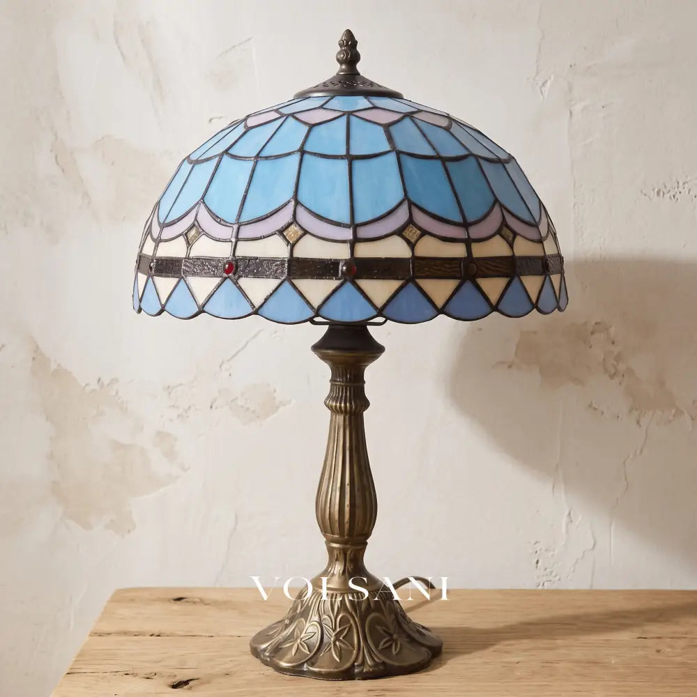MIEKE: Vintage Tafellamp – Glas-in-lood Kap met Aluminium Voet - Volsani