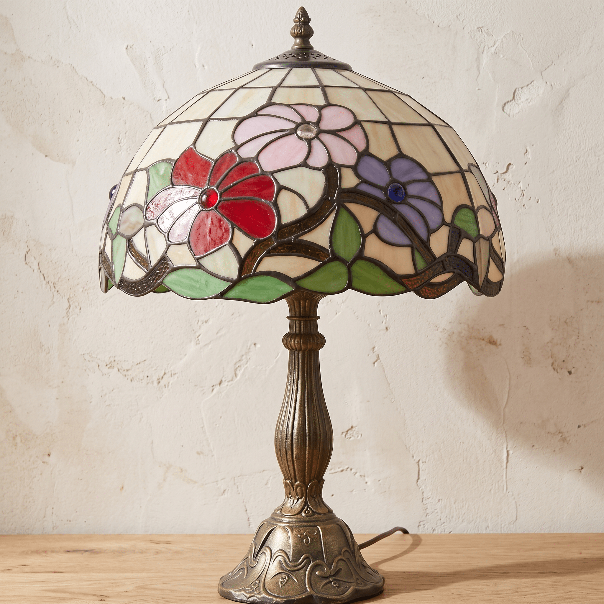 MIEKE: Vintage Tafellamp – Glas-in-lood Kap met Aluminium Voet - Volsani