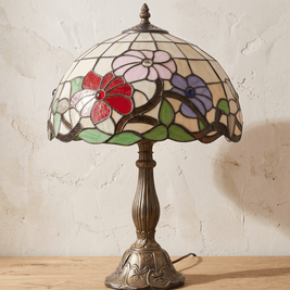 MIEKE: Vintage Tafellamp – Glas-in-lood Kap met Aluminium Voet - Volsani